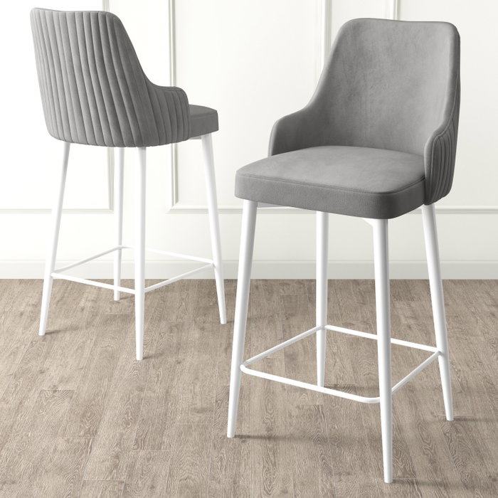 Hanah Home Taburetes de Bar, Juego de 2, Gris y Blanco, Metal, Tela Babyface, Alto 105 cm, Asiento 73 cm
